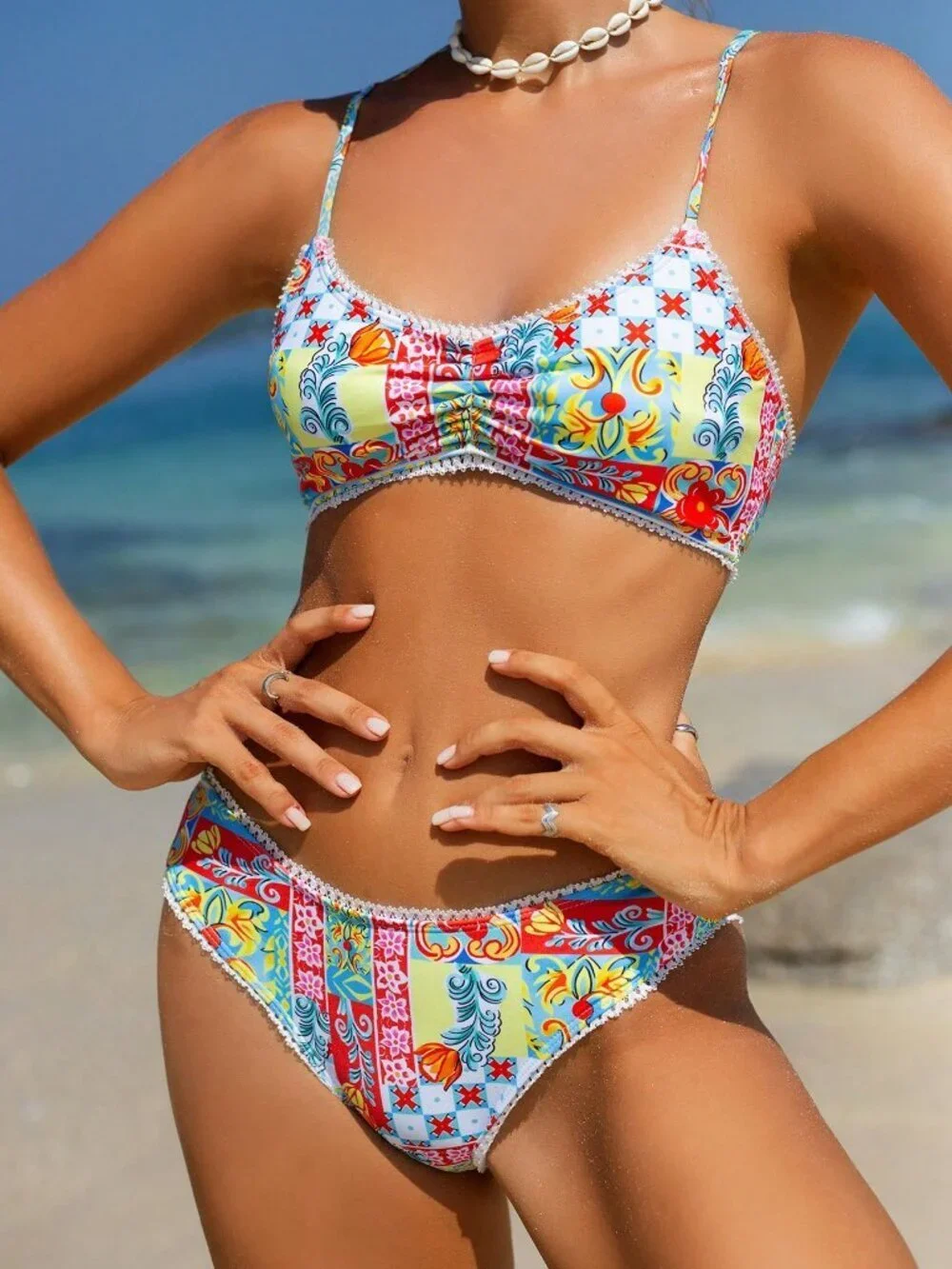 Multicolor Boho Women's Holiday Beach Allover Printed Spaghetti Bikini Set